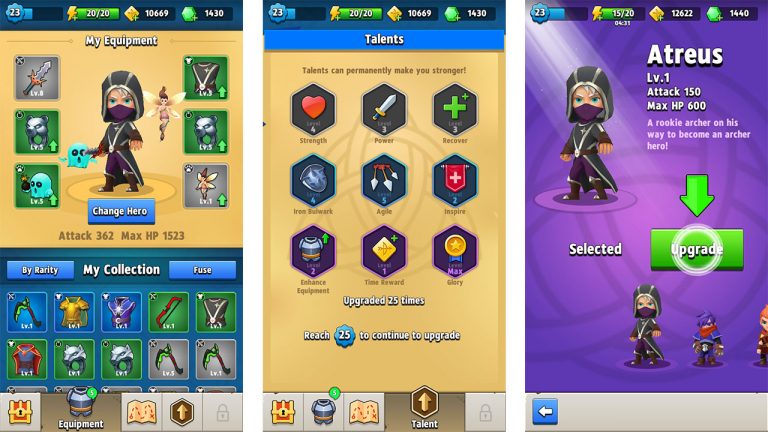 Archero equipment and talents screens