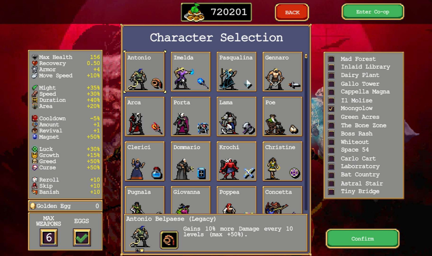 Vampire Survivors character selection screen with full stat list
