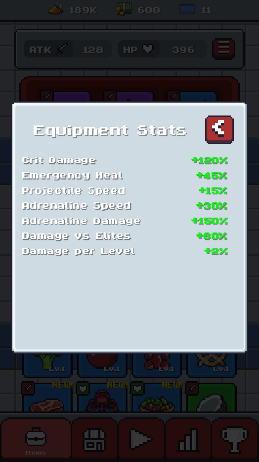 Sweeper Sinclair equipment stats panel