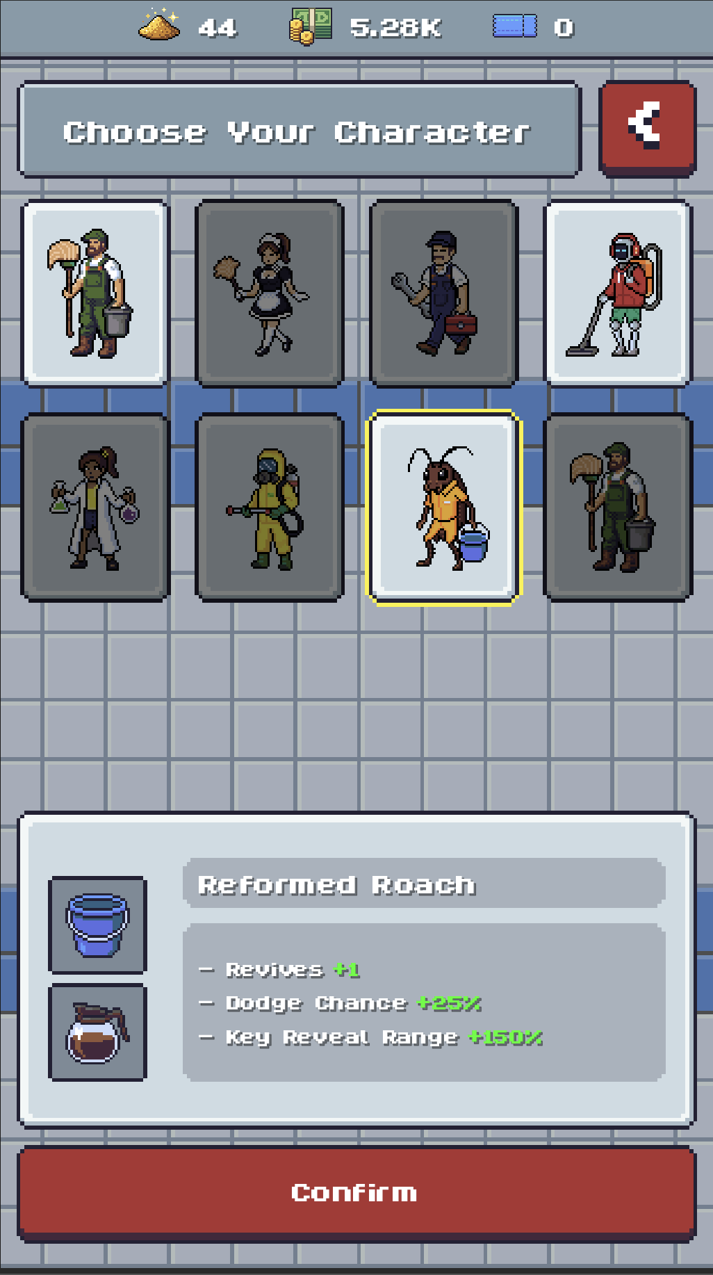 Sweeper Sinclair character selection showing each character's stat modifiers