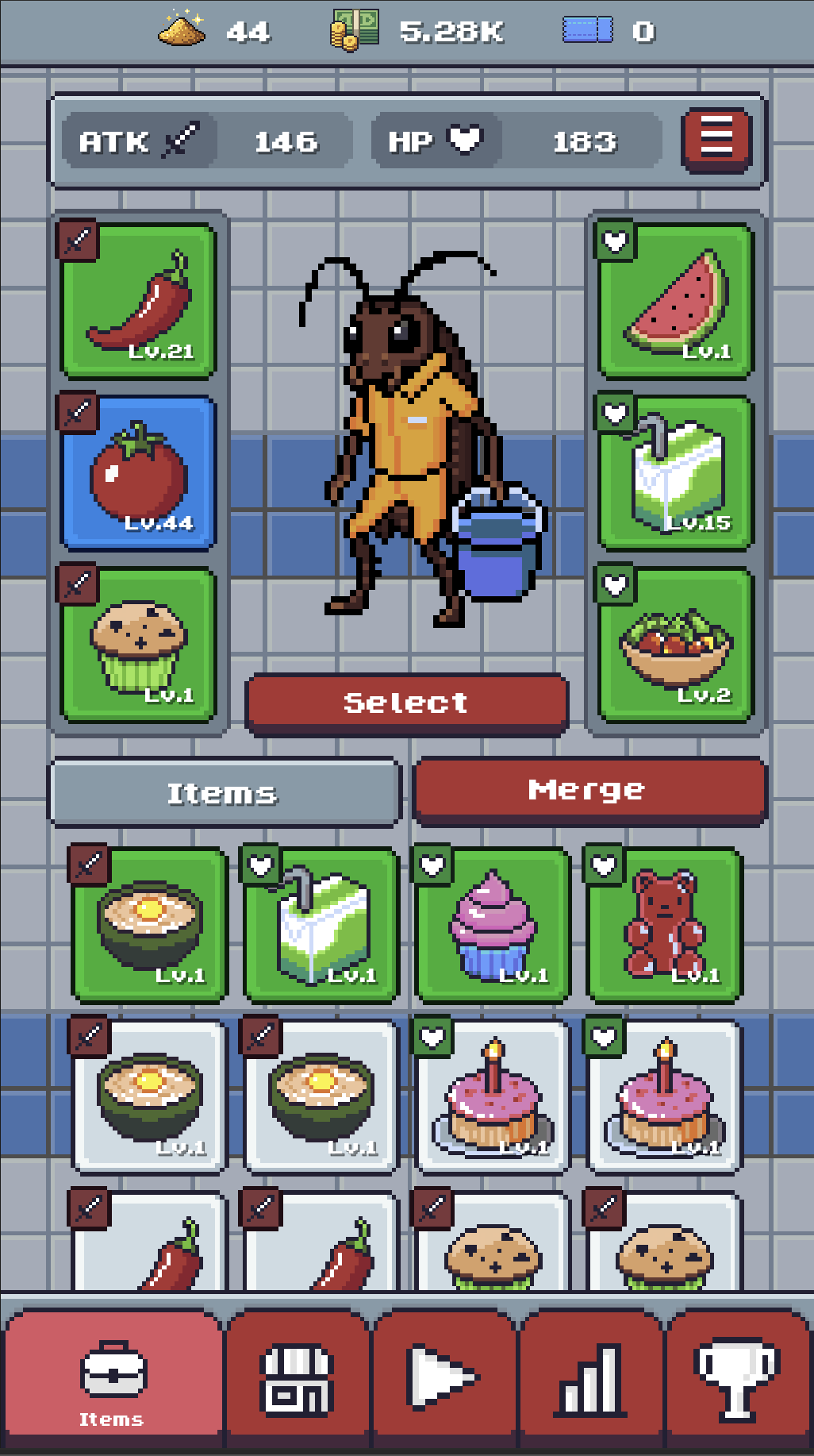 Sweeper Sinclair equipment screen with character select folded in