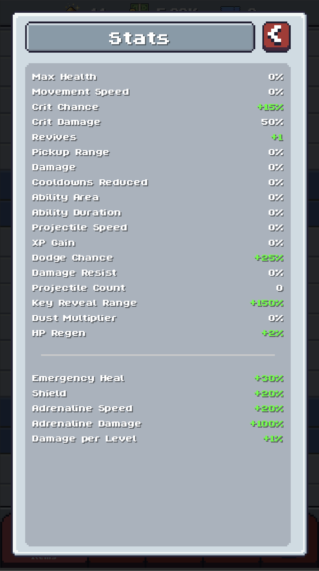 Sweeper Sinclair unified Stats screen listing every stat
